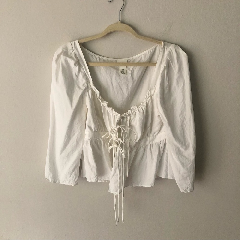 H&M x Brock Collection Lyocell-blend Blouse Front Ties Cottagecore White Medium - Picture 5 of 12